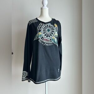 Double D Ranch Concho & Horshoe Black Beaded and Embroidered Tee Size Large